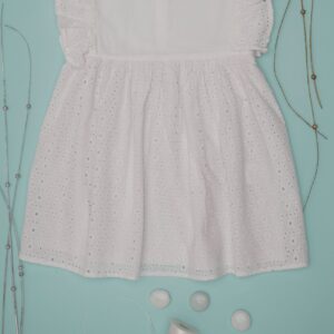 Charming white baby dress with lace details, perfect for special occasions.